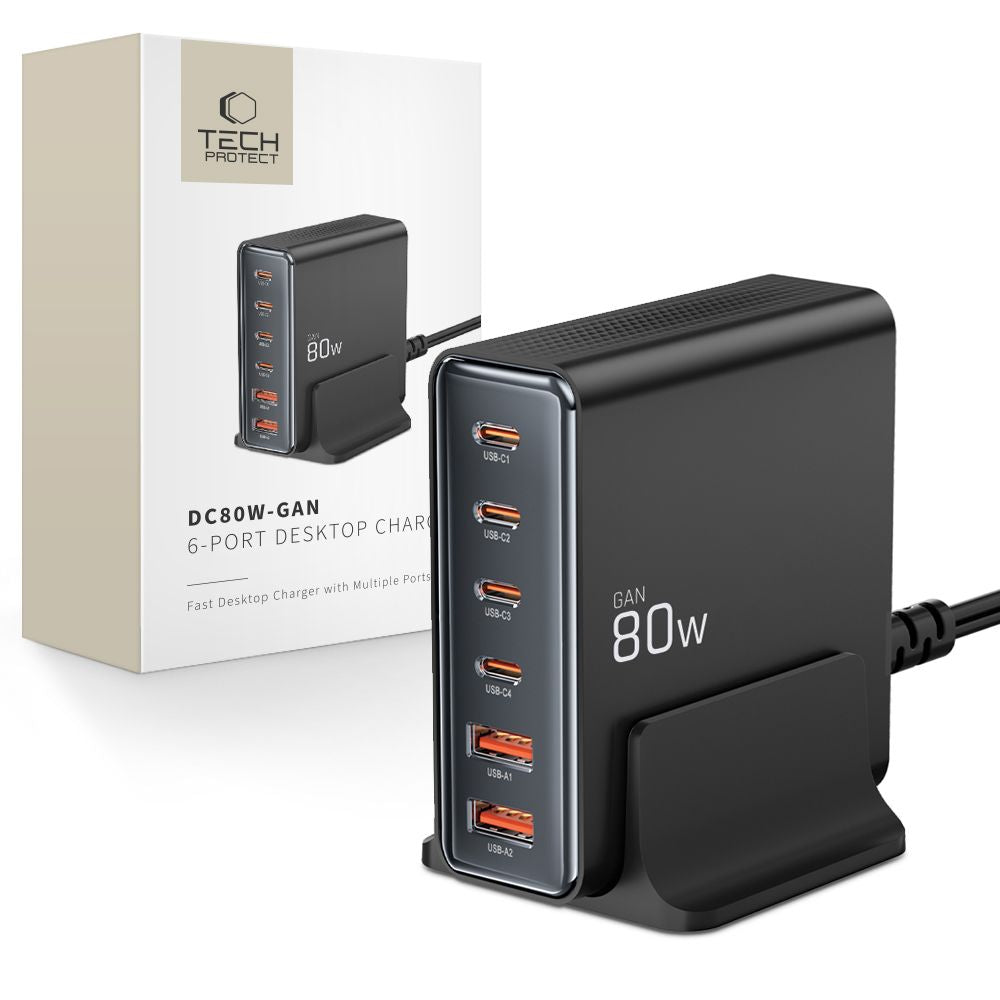 Punjač Stanica Tech-Protect DC80W, 80W, 3A, 2 x USB-A - 4 x USB-C, Crni