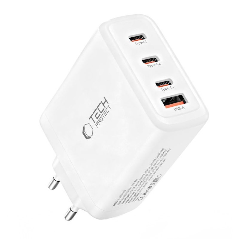 Punjač mreže Tech-Protect NC120W-GAN, 120W, 5A, 1 x USB-A - 3 x USB-C, Beli