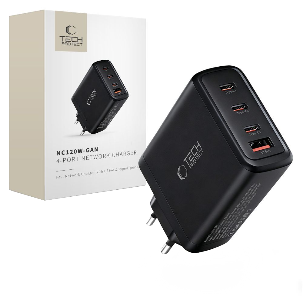 Punjač mreže Tech-Protect NC120W-GAN, 120W, 5A, 1 x USB-A - 3 x USB-C, Crni