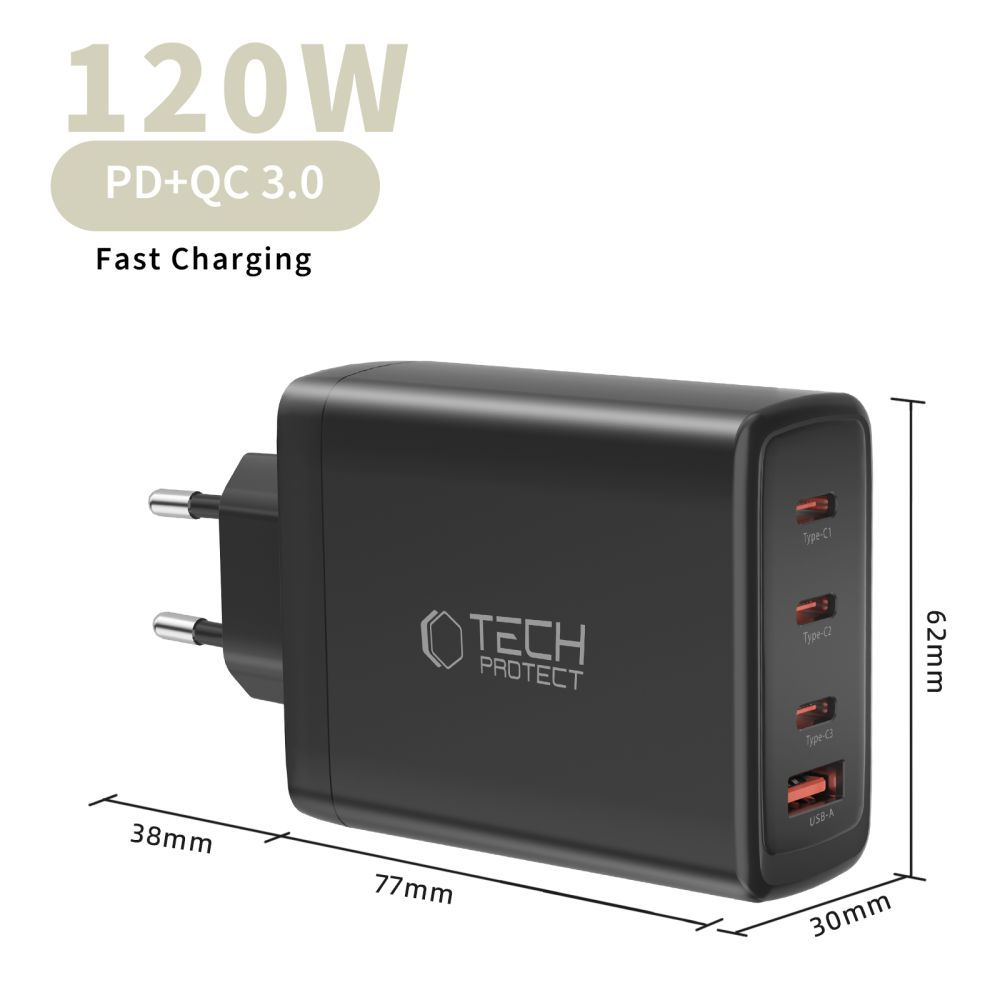Punjač mreže Tech-Protect NC120W-GAN, 120W, 5A, 1 x USB-A - 3 x USB-C, Crni
