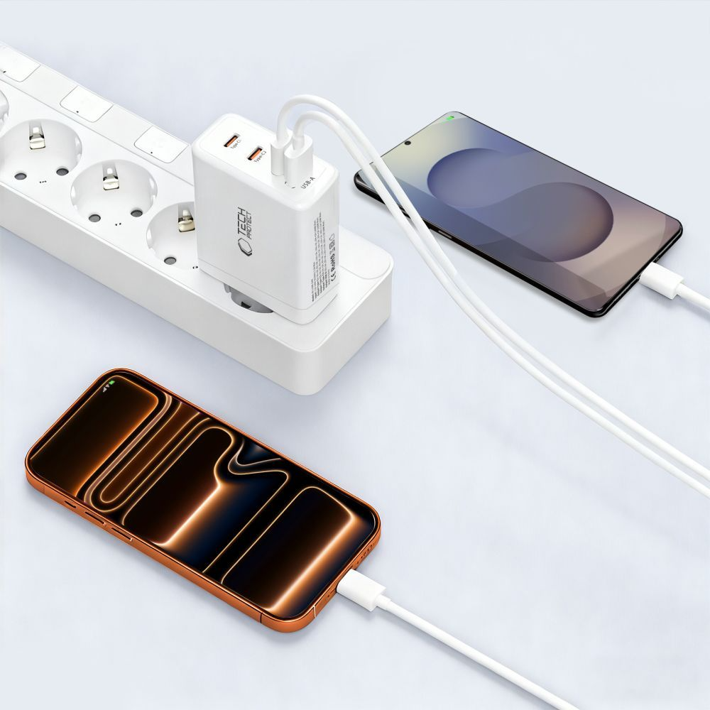Punjač mreže Tech-Protect NC120W-GAN, 120W, 5A, 1 x USB-A - 3 x USB-C, Beli