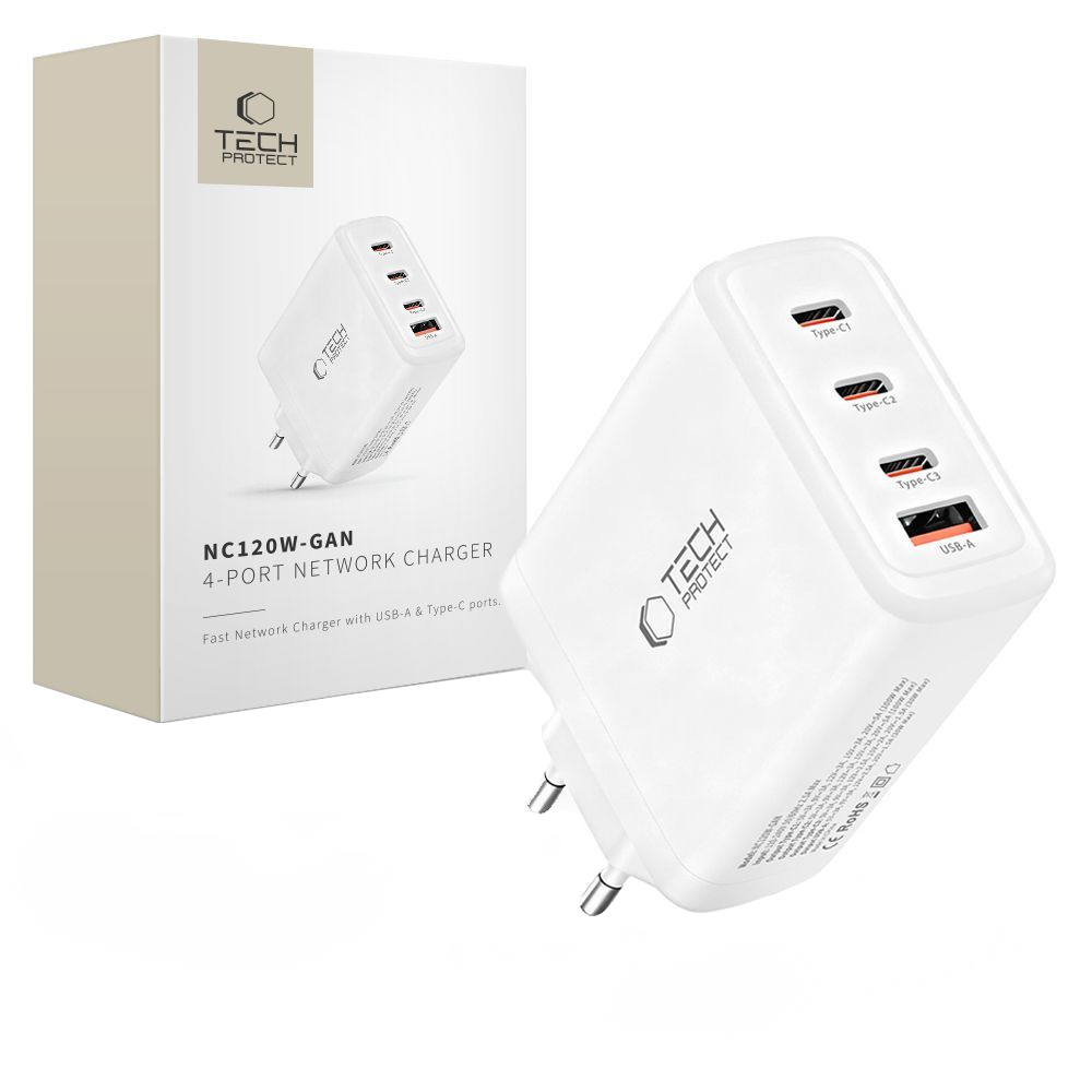 Punjač mreže Tech-Protect NC120W-GAN, 120W, 5A, 1 x USB-A - 3 x USB-C, Beli