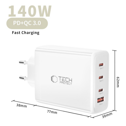 Punjač za mrežu Tech-Protect NC140W-GAN, 140W, 5A, 1 x USB-A - 3 x USB-C, Beli