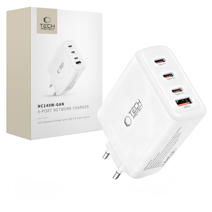 Punjač za mrežu Tech-Protect NC140W-GAN, 140W, 5A, 1 x USB-A - 3 x USB-C, Beli