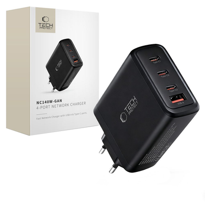 Punjač mreže Tech-Protect NC140W-GAN, 140W, 5A, 1 x USB-A - 3 x USB-C, Crni
