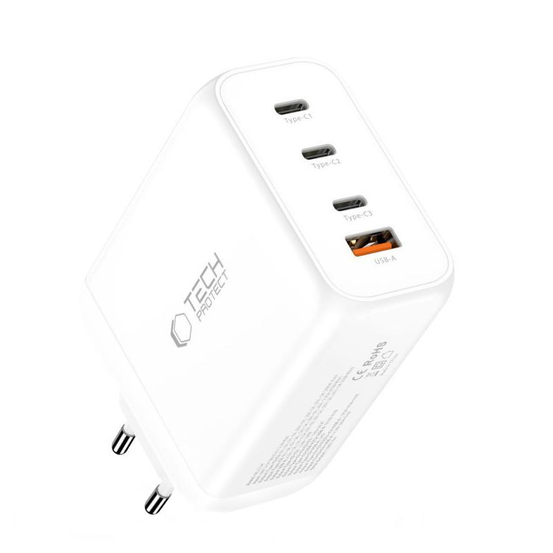 Punjač mreže Tech-Protect NC200W-GAN, 200W, 5A, 1 x USB-A - 3 x USB-C, Beli