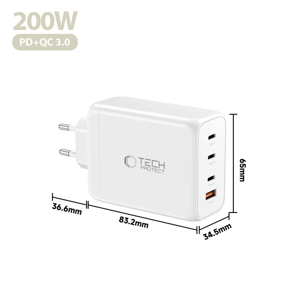 Punjač mreže Tech-Protect NC200W-GAN, 200W, 5A, 1 x USB-A - 3 x USB-C, Beli