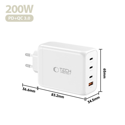 Punjač mreže Tech-Protect NC200W-GAN, 200W, 5A, 1 x USB-A - 3 x USB-C, Beli