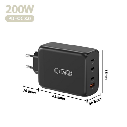 Punjač mreže Tech-Protect NC200W-GAN, 200W, 5A, 1 x USB-A - 3 x USB-C, Crna