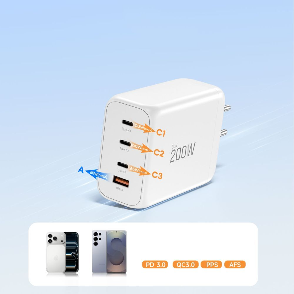 Punjač mreže Tech-Protect NC200W-GAN, 200W, 5A, 1 x USB-A - 3 x USB-C, Beli