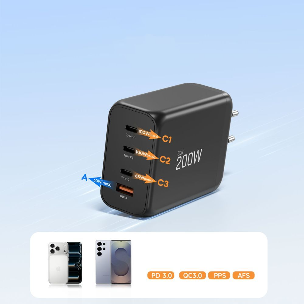 Punjač mreže Tech-Protect NC200W-GAN, 200W, 5A, 1 x USB-A - 3 x USB-C, Crna