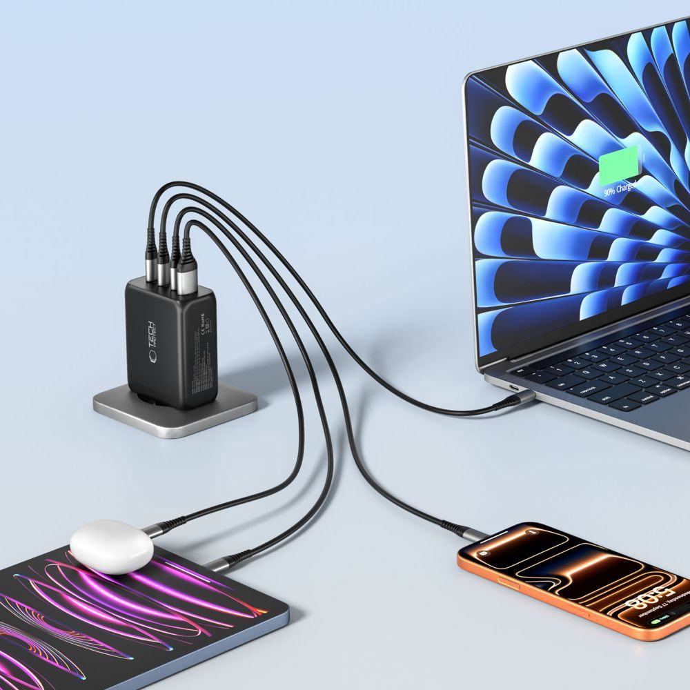 Punjač mreže Tech-Protect NC200W-GAN, 200W, 5A, 1 x USB-A - 3 x USB-C, Crna