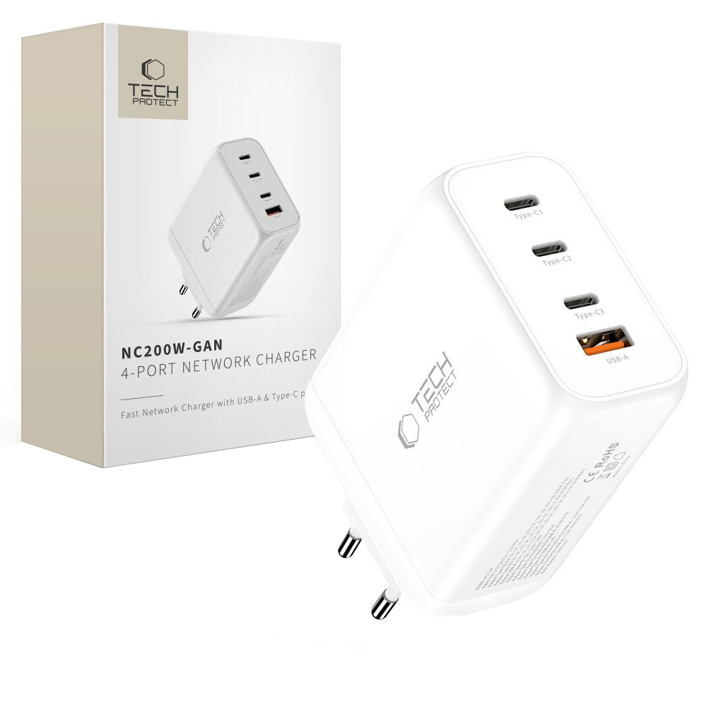 Punjač mreže Tech-Protect NC200W-GAN, 200W, 5A, 1 x USB-A - 3 x USB-C, Beli