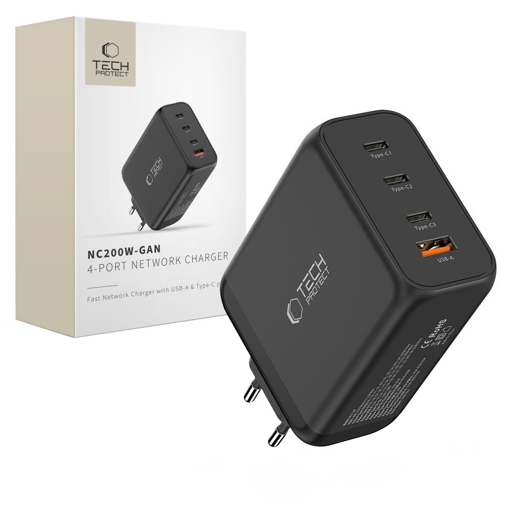 Punjač mreže Tech-Protect NC200W-GAN, 200W, 5A, 1 x USB-A - 3 x USB-C, Crna