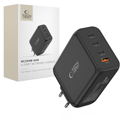 Punjač mreže Tech-Protect NC200W-GAN, 200W, 5A, 1 x USB-A - 3 x USB-C, Crna