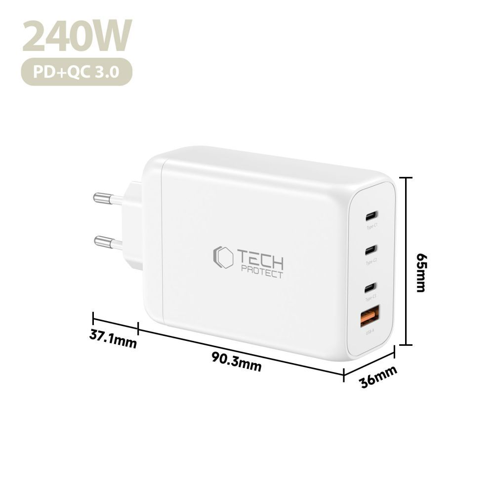 Punjač mreže Tech-Protect NC240W-GAN, 240W, 5A, 1 x USB-A - 3 x USB-C, Beli