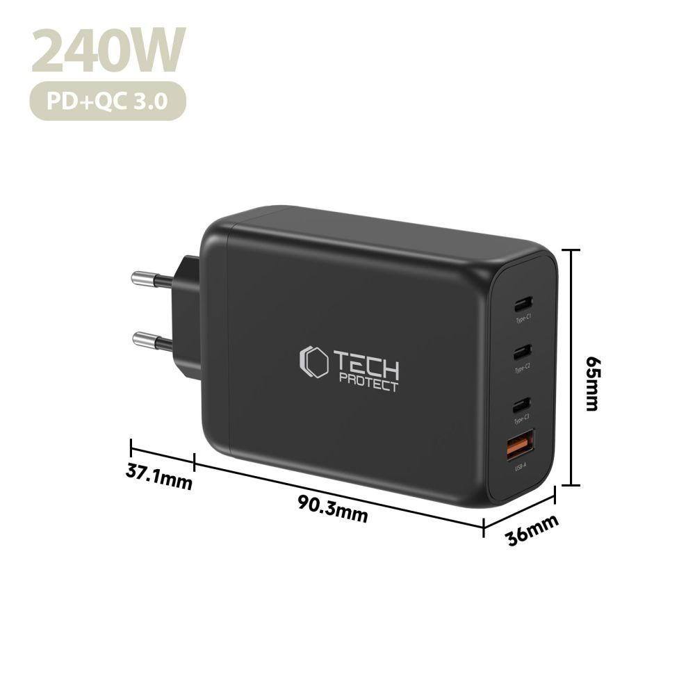 Punjač mreže Tech-Protect NC240W-GAN, 240W, 5A, 1 x USB-A - 3 x USB-C, Crni