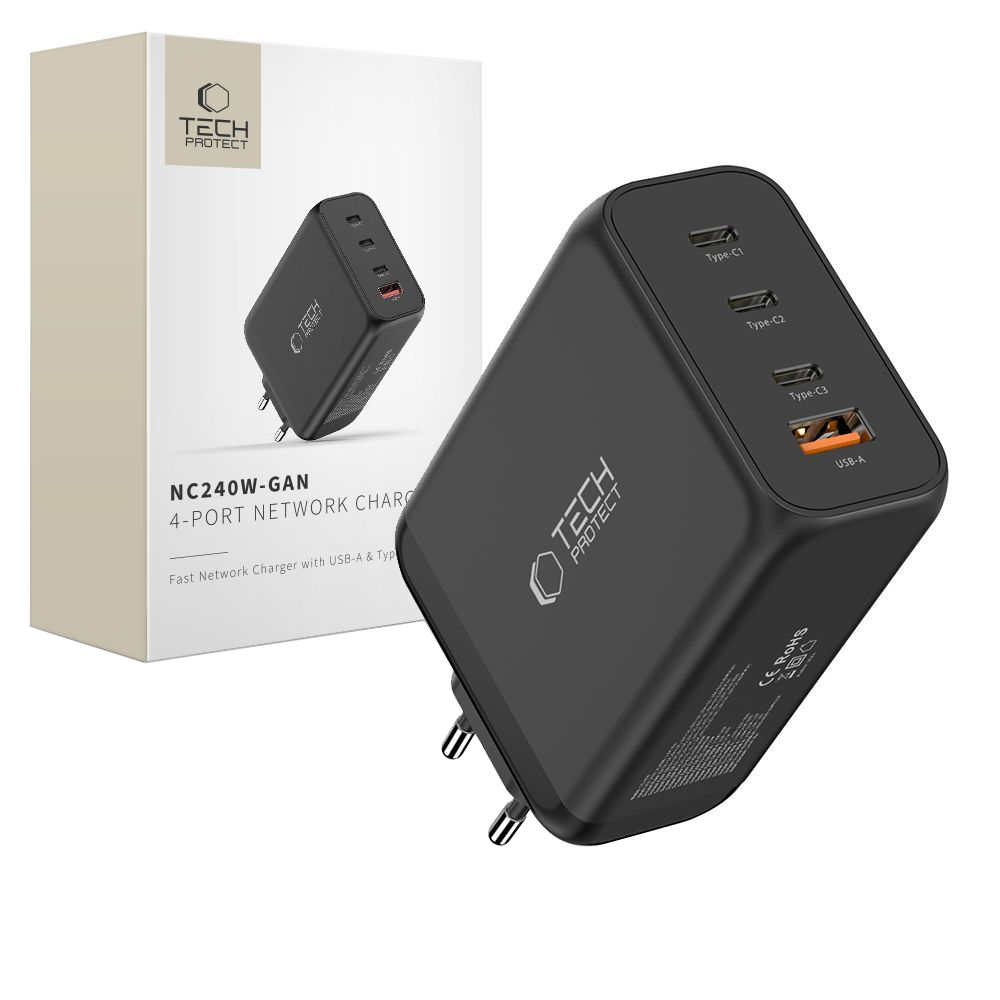 Punjač mreže Tech-Protect NC240W-GAN, 240W, 5A, 1 x USB-A - 3 x USB-C, Crni