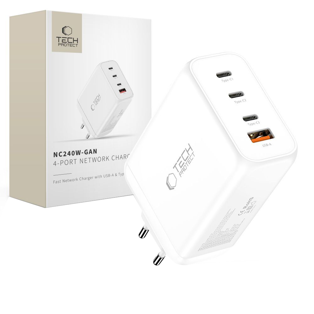 Punjač mreže Tech-Protect NC240W-GAN, 240W, 5A, 1 x USB-A - 3 x USB-C, Beli