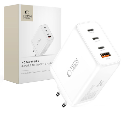 Punjač mreže Tech-Protect NC240W-GAN, 240W, 5A, 1 x USB-A - 3 x USB-C, Beli