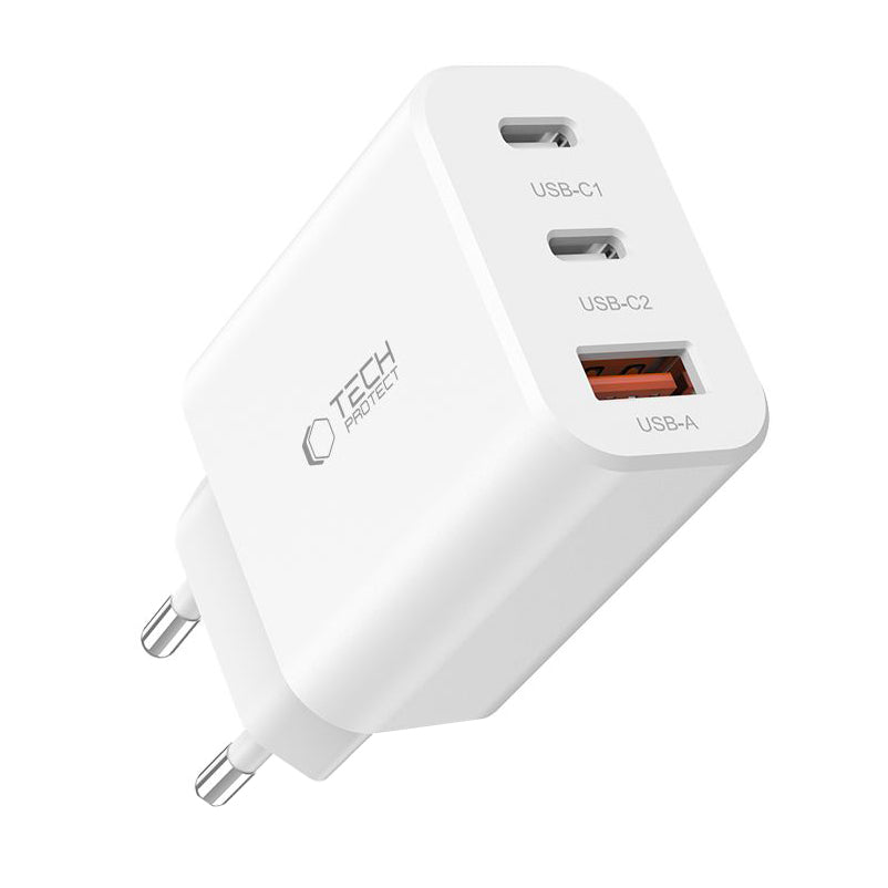 Punjač za mrežu Tech-Protect NC30W, 30W, 3A, 1 x USB-A - 2 x USB-C, Beli