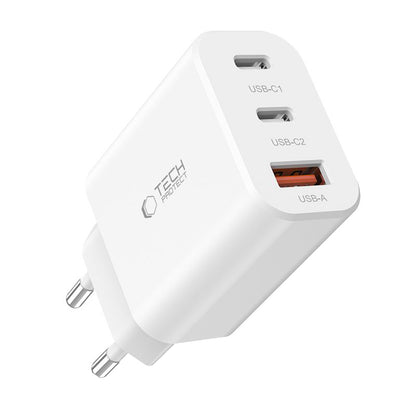 Punjač za mrežu Tech-Protect NC30W, 30W, 3A, 1 x USB-A - 2 x USB-C, Beli