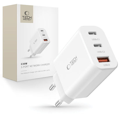 Punjač za mrežu Tech-Protect NC30W, 30W, 3A, 1 x USB-A - 2 x USB-C, Beli