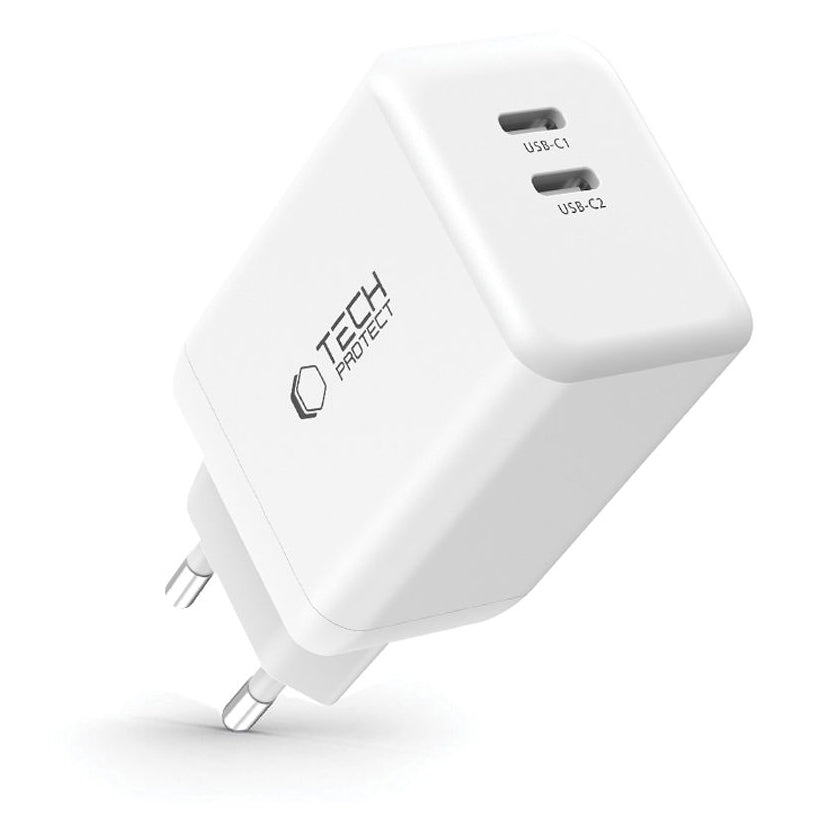Network Charger Tech-Protect NC45W, 45W, 3A, 2 x USB-C, White 