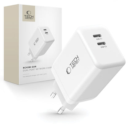 Network Charger Tech-Protect NC45W, 45W, 3A, 2 x USB-C, White 