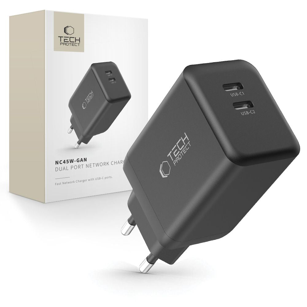 Punjač za mrežu Tech-Protect NC45W, 45W, 3A, 2 x USB-C, Crni
