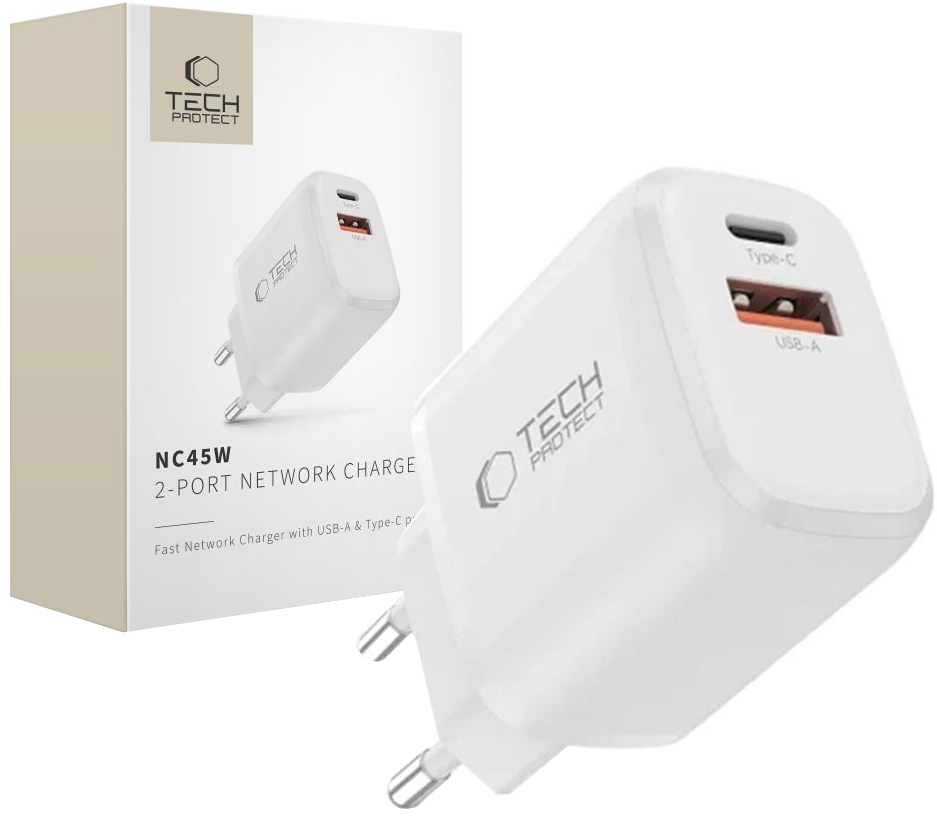 Punjač mreže Tech-Protect NCA45W, 45W, 3A, 1 x USB-A - 1 x USB-C, Beli