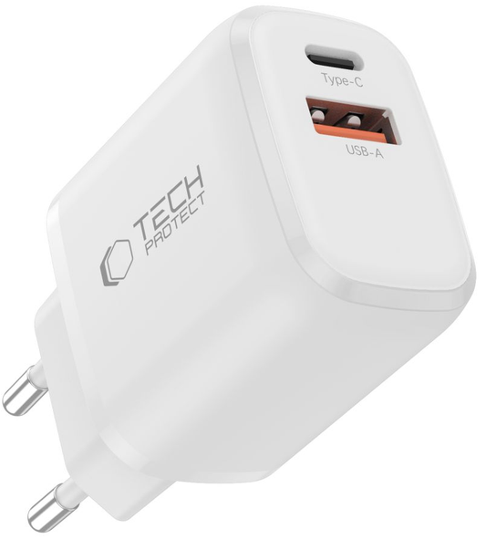 Punjač mreže Tech-Protect NCA45W, 45W, 3A, 1 x USB-A - 1 x USB-C, Beli
