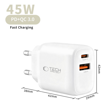 Punjač mreže Tech-Protect NCA45W, 45W, 3A, 1 x USB-A - 1 x USB-C, Beli