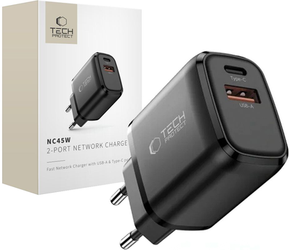 Punjač mreže Tech-Protect NCA45W, 45W, 3A, 1 x USB-A - 1 x USB-C, Crni