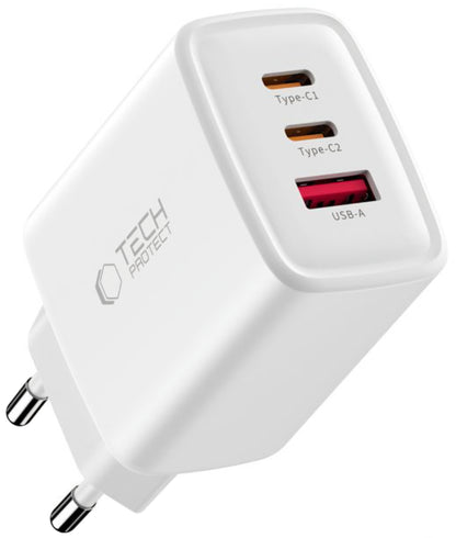 Punjač mreže Tech-Protect NCA65W, 65W, 3A, 1 x USB-A - 2 x USB-C, Beli