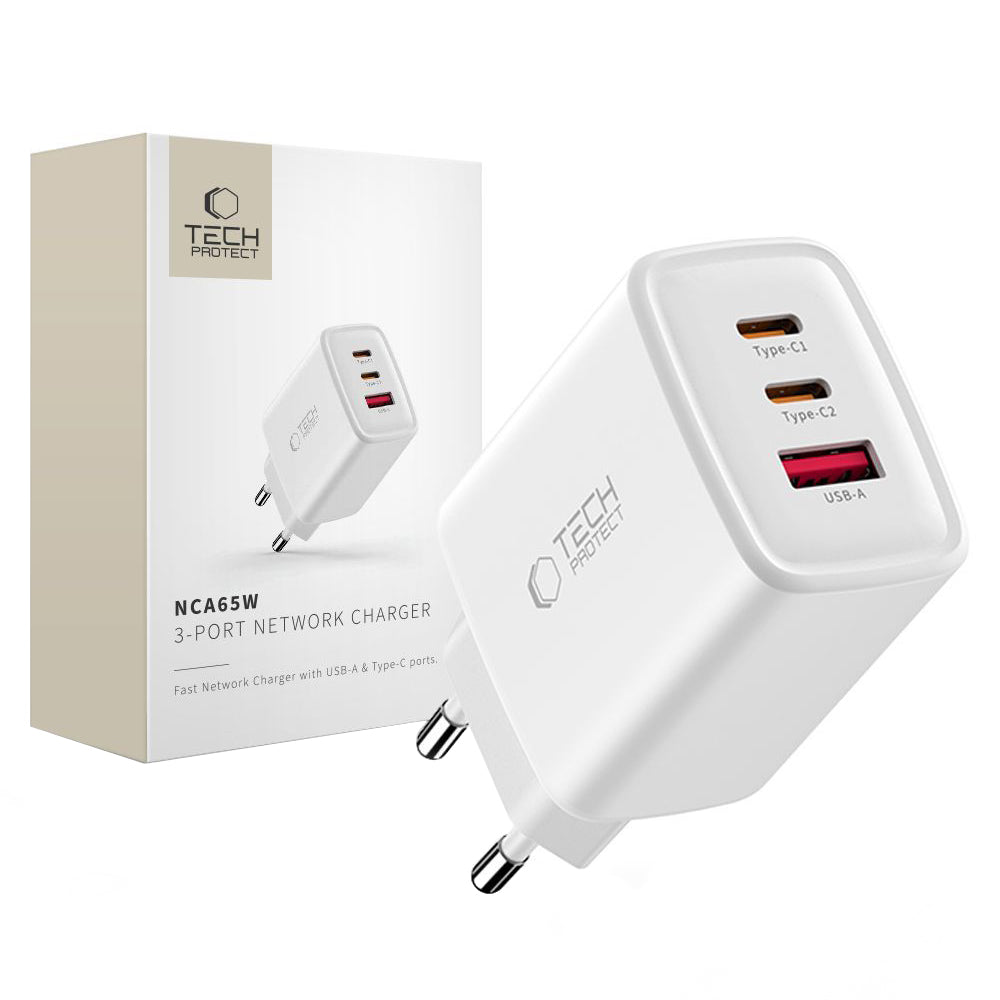 Punjač mreže Tech-Protect NCA65W, 65W, 3A, 1 x USB-A - 2 x USB-C, Beli