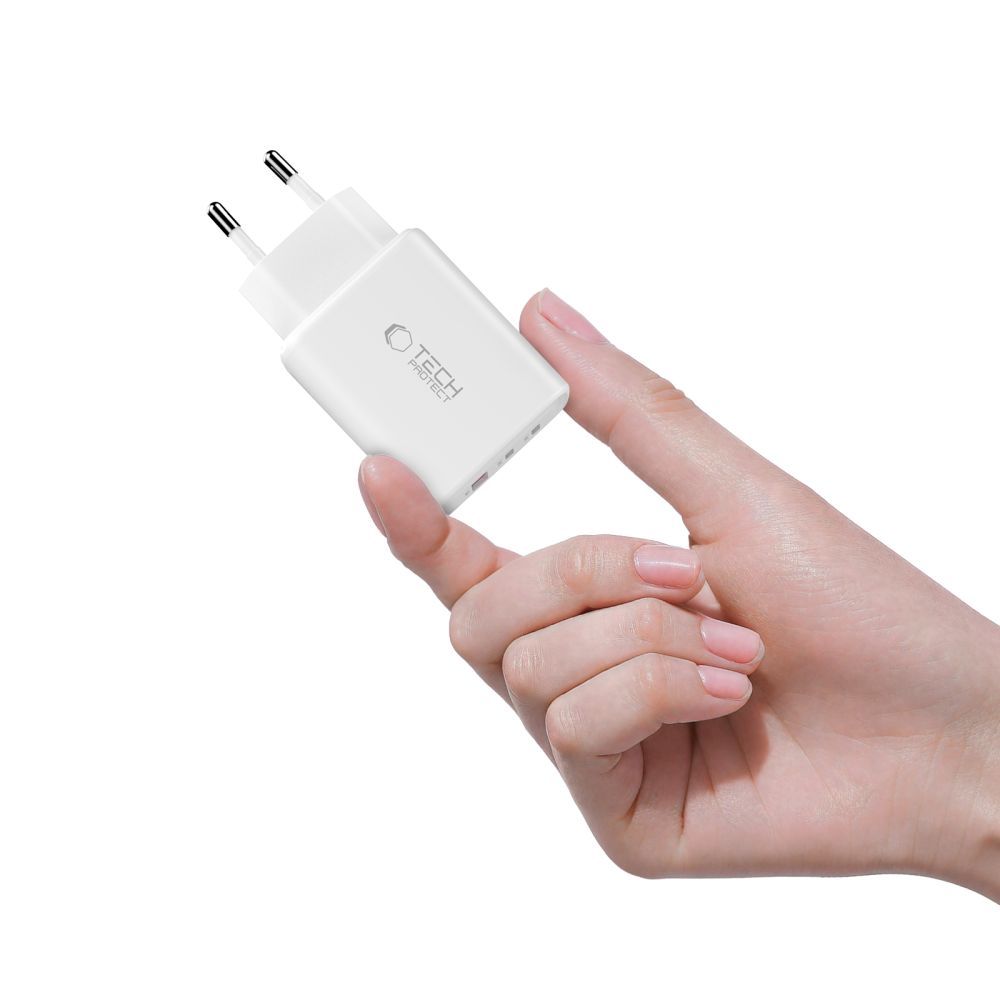 Punjač mreže Tech-Protect NCA65W, 65W, 3A, 1 x USB-A - 2 x USB-C, Beli