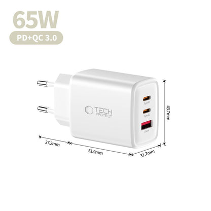 Punjač mreže Tech-Protect NCA65W, 65W, 3A, 1 x USB-A - 2 x USB-C, Beli