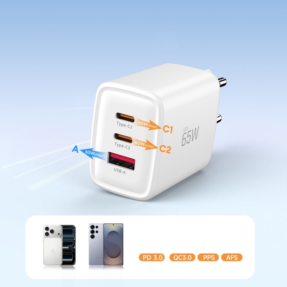 Punjač mreže Tech-Protect NCA65W, 65W, 3A, 1 x USB-A - 2 x USB-C, Beli