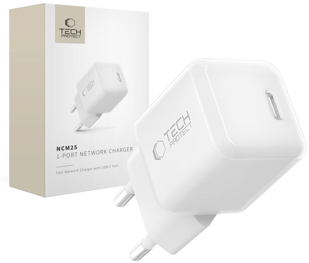 Mrežni punjač Tech-Protect NCM25, 25W, 3A, 1 x USB-C, Bela