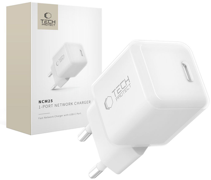 Mrežni punjač Tech-Protect NCM25, 25W, 3A, 1 x USB-C, Bela