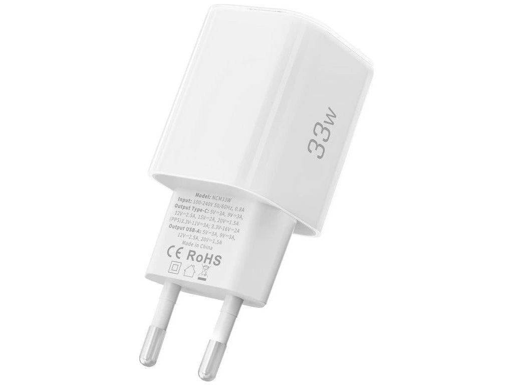Punjač mreže Tech-Protect NCM33W, 33W, 3A, 1 x USB-A - 1 x USB-C, Beli