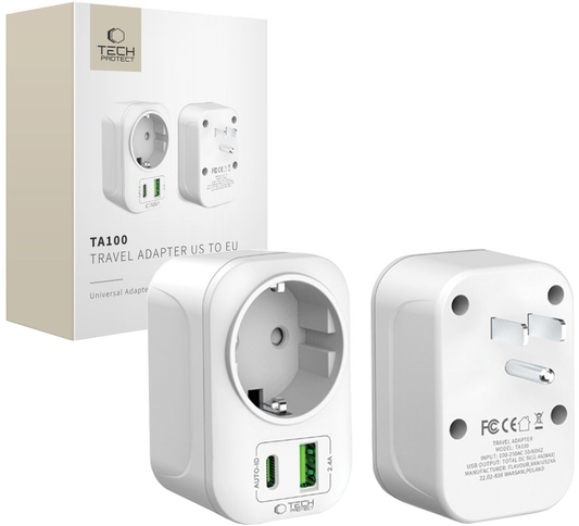 Punjač mreže Tech-Protect TA100 Travel US, 20W, 3A, 1 x Schuko - 1 x USB-A - 1 x USB-C, Beli