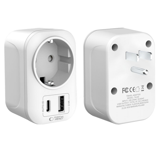 Punjač mreže Tech-Protect TA100 Travel US, 20W, 3A, 1 x Schuko - 1 x USB-A - 1 x USB-C, Beli