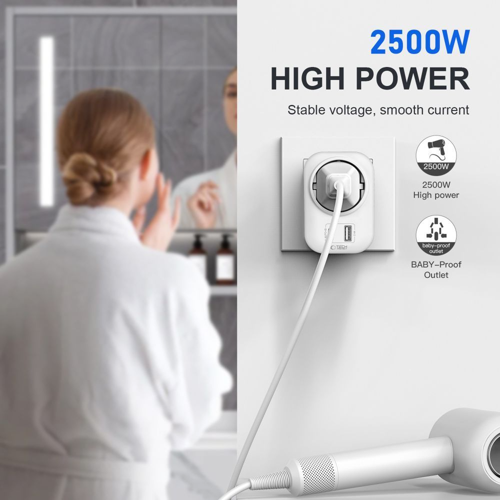 Punjač mreže Tech-Protect TA100 Travel US, 20W, 3A, 1 x Schuko - 1 x USB-A - 1 x USB-C, Beli