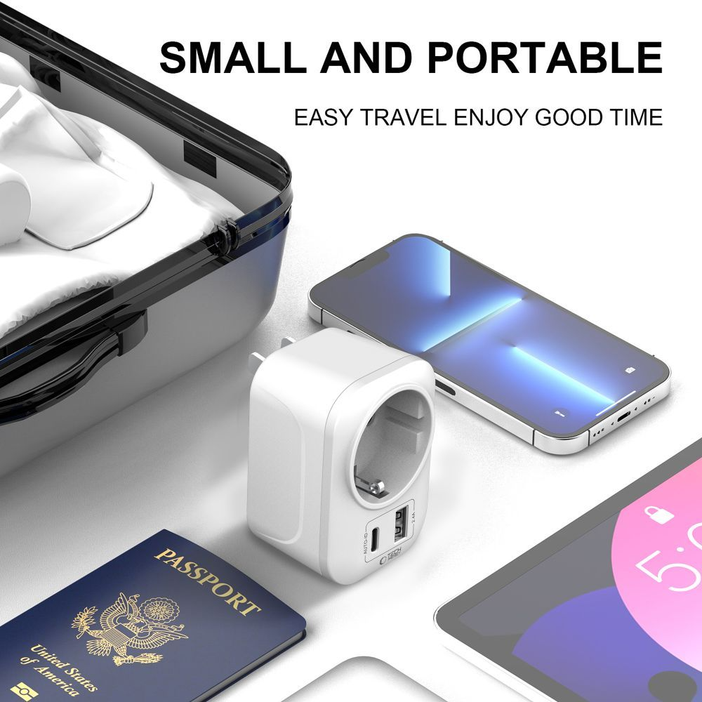Punjač mreže Tech-Protect TA100 Travel US, 20W, 3A, 1 x Schuko - 1 x USB-A - 1 x USB-C, Beli