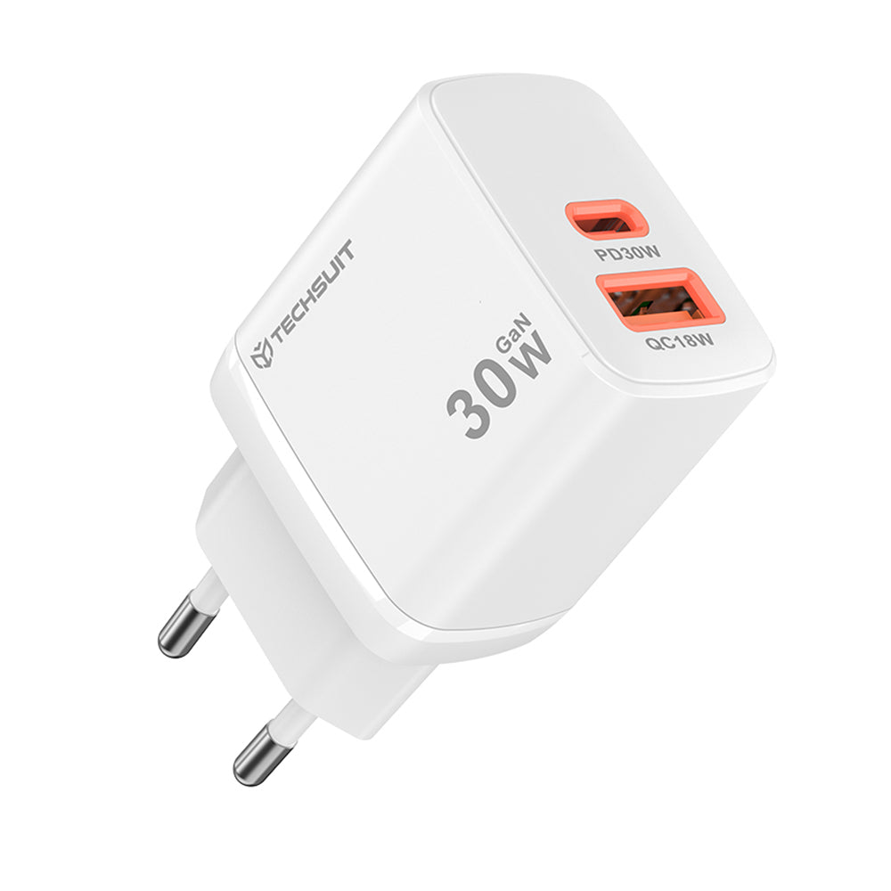Punjač mreže Techsuit CH1 Duonix, 30W, 3A, 1 x USB-A - 1 x USB-C, Beli