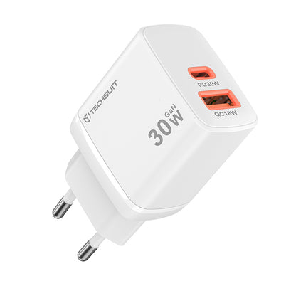 Punjač mreže Techsuit CH1 Duonix, 30W, 3A, 1 x USB-A - 1 x USB-C, Beli