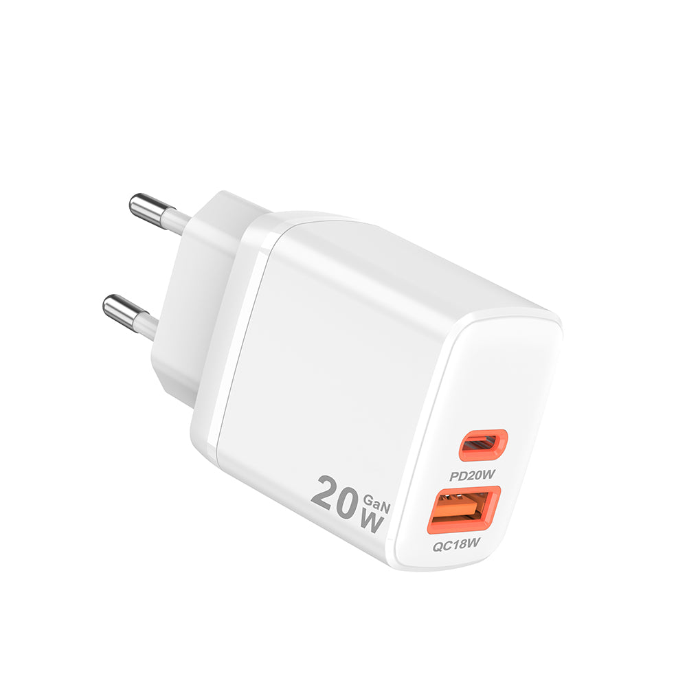 Punjač mreže Techsuit CH2 Duonix, 20W, 3A, 1 x USB-A - 1 x USB-C, Beli