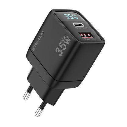 Punjač mreže Techsuit CH3 LEDChargX Display, 35W, 3A, 1 x USB-A - 1 x USB-C, Crni